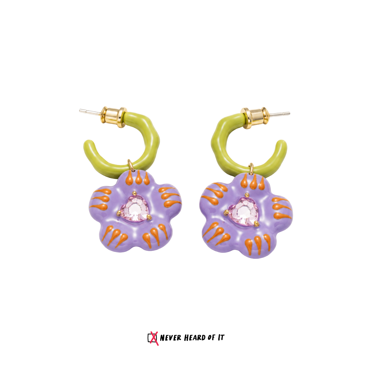 Purple Bloom enamel flower hoop earrings with glass heart by Never Heard of It