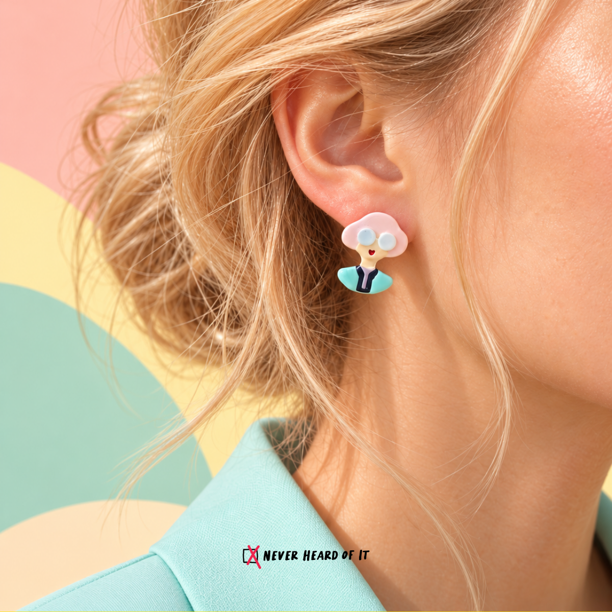Big Eyes Club Mismatched Enamel Studs — Cotton Candy Girl worn on an ear
