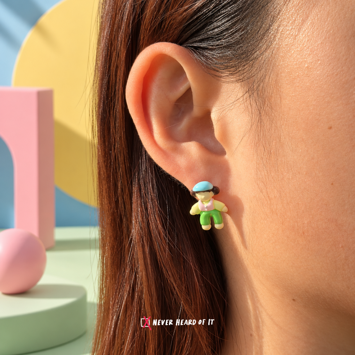 Kindergarten Besties Mismatched Enamel Studs — Short Hair Doll worn on an ear