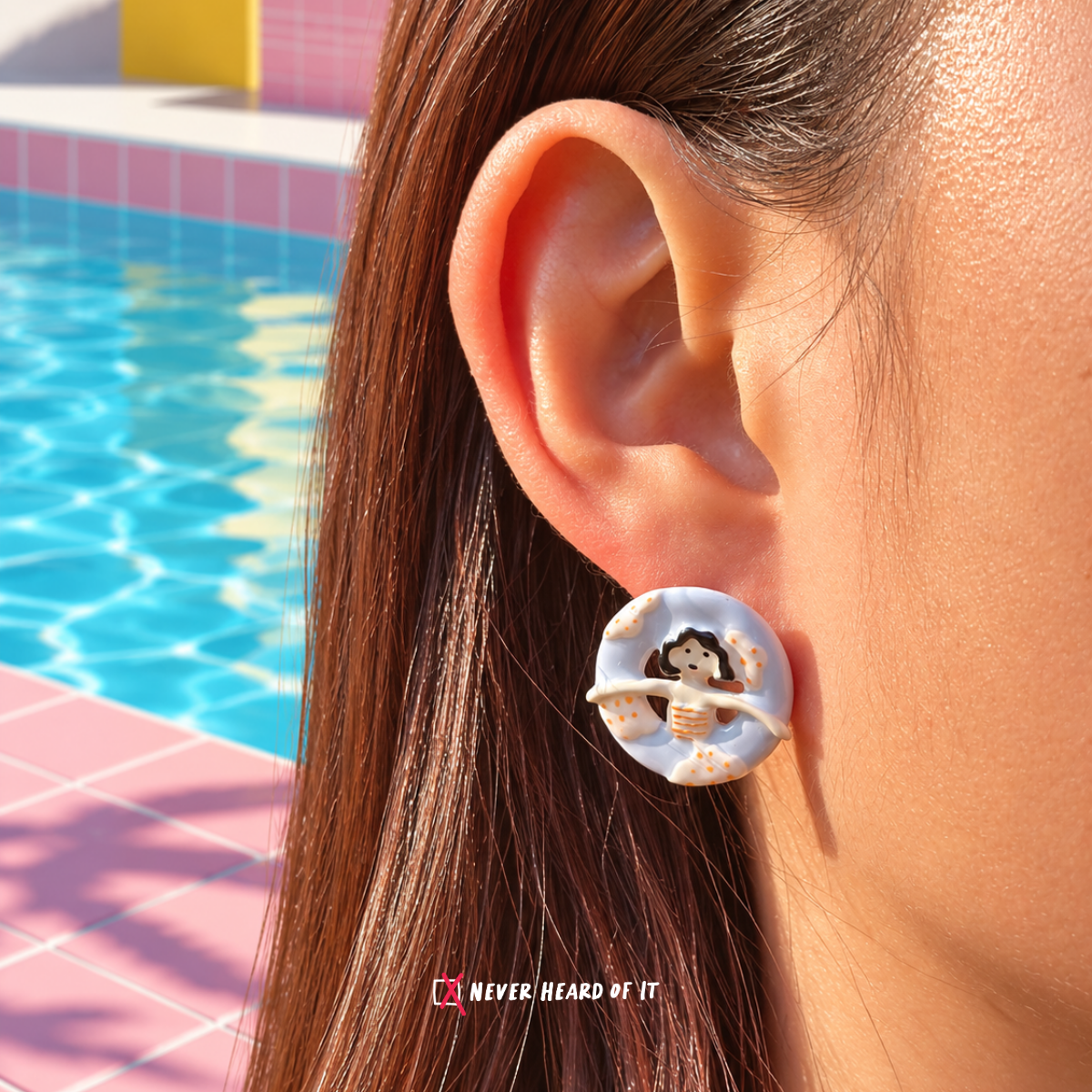 Swimming Girls Mismatched Enamel Studs — Purple Swimmer worn on an ear