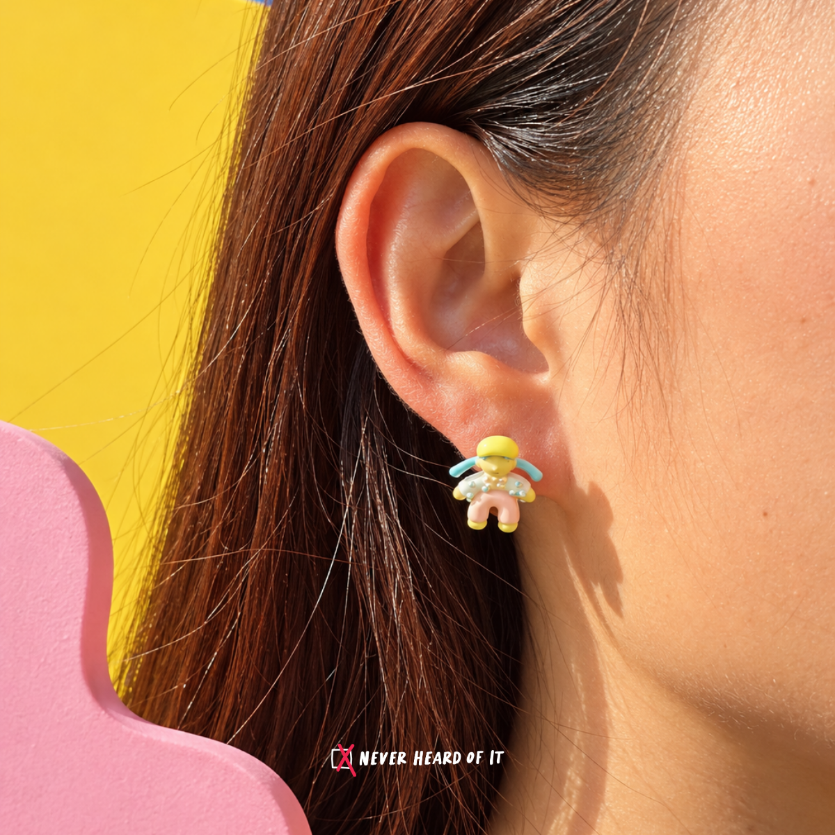 Kindergarten Besties Mismatched Enamel Studs — Blonde Doll worn on an ear