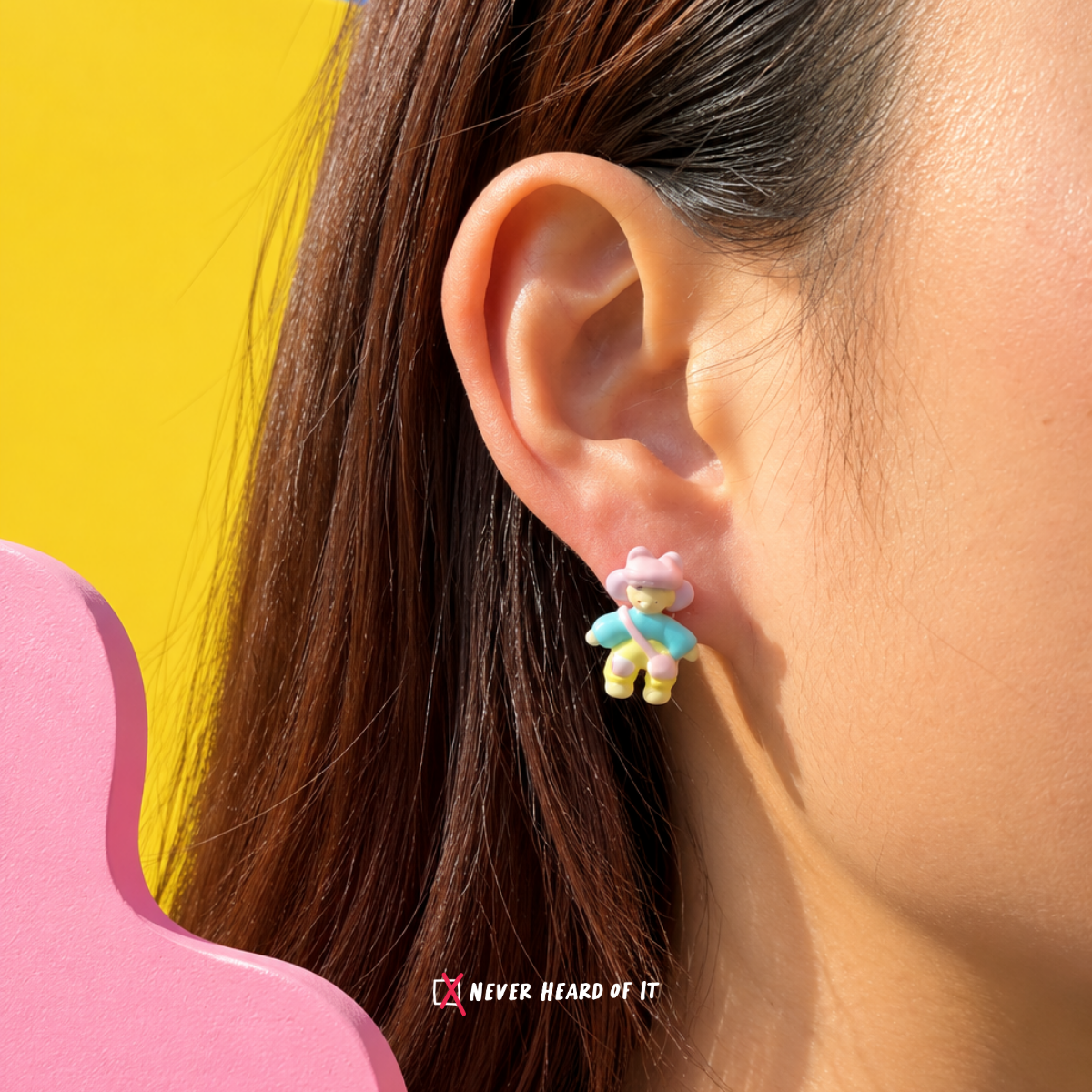 Kindergarten Besties Mismatched Enamel Studs — Pink Doll worn on an ear