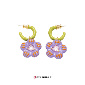 Purple Bloom enamel flower hoop earrings with glass heart by Never Heard of It