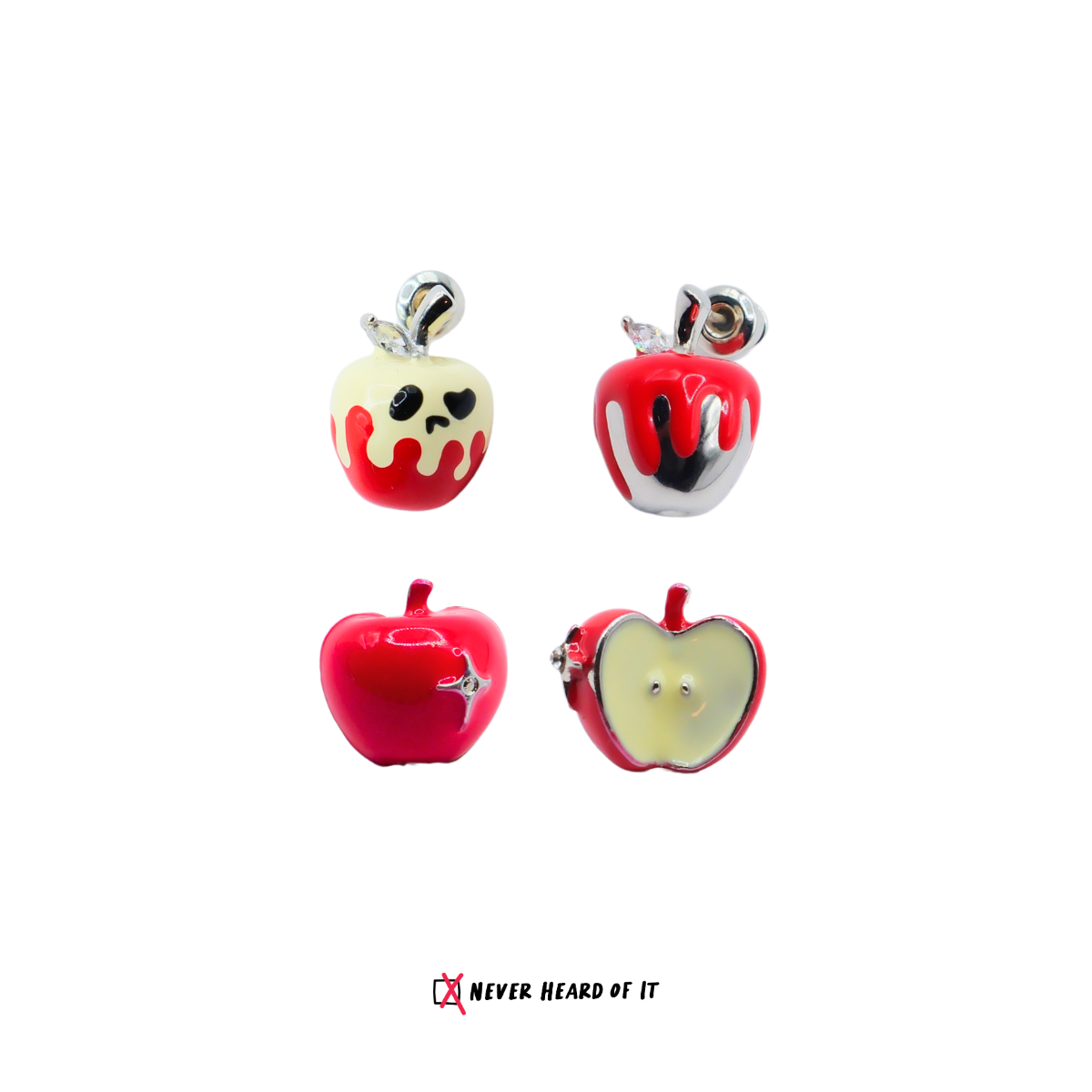 Sweet Poison mismatched enamel apple and skull stud earrings by Never Heard of It