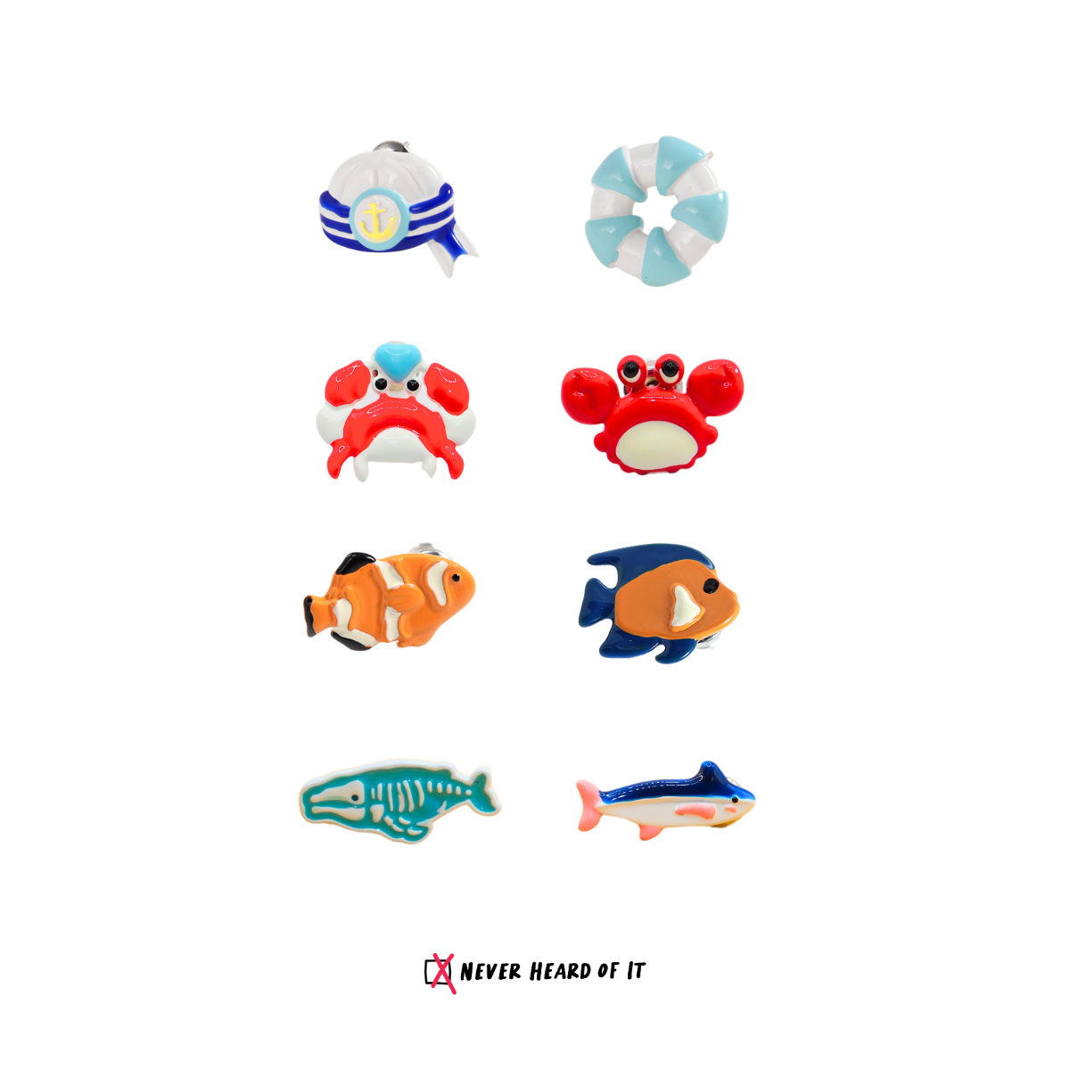 Ocean Series mismatched enamel stud earrings with crab, clownfish and shark by Never Heard of It