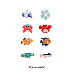 Ocean Series mismatched enamel stud earrings with crab, clownfish and shark by Never Heard of It