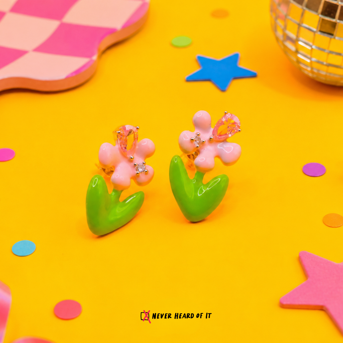Little Pink Bloom enamel stud earrings by Never Heard of It — view 5