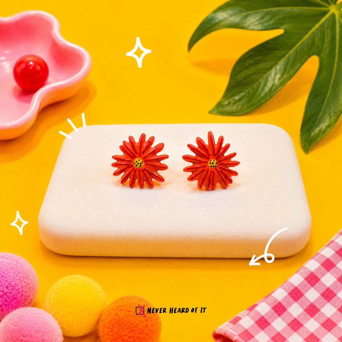 Coral Daisy enamel flower stud earrings by Never Heard of It — view 2