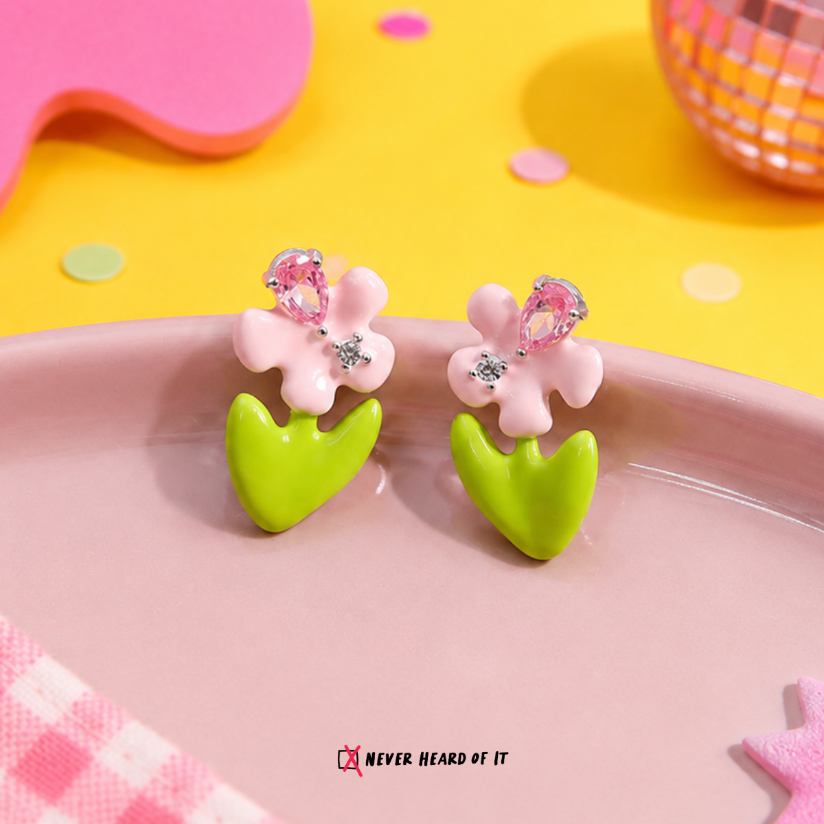 Little Pink Bloom enamel stud earrings by Never Heard of It — view 2