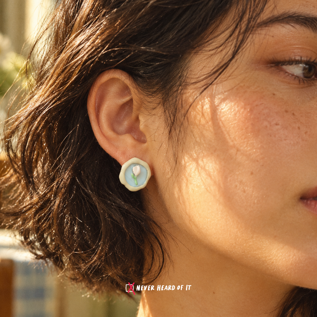 Pink Tulip Bud Enamel Studs — Pink Tulip Bud worn on an ear